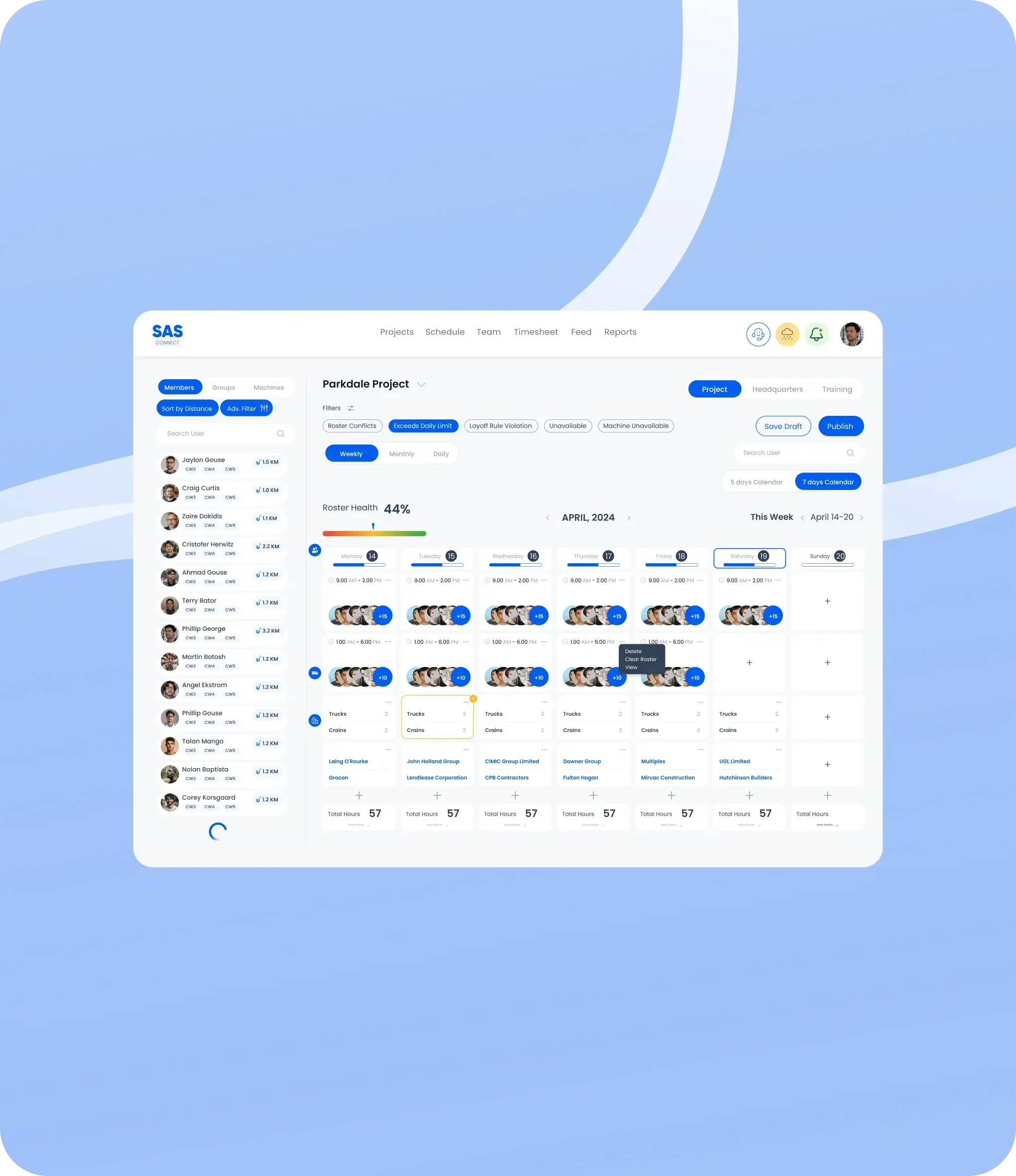 Construction company management software project dashboard showing active jobs, task status, workforce allocation, and real-time project updates