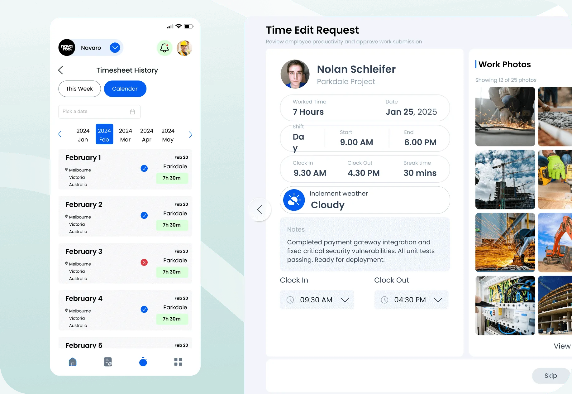 SAS Connect construction time tracking system for logging worker hours, monitoring attendance, and improving payroll accuracy across job sites