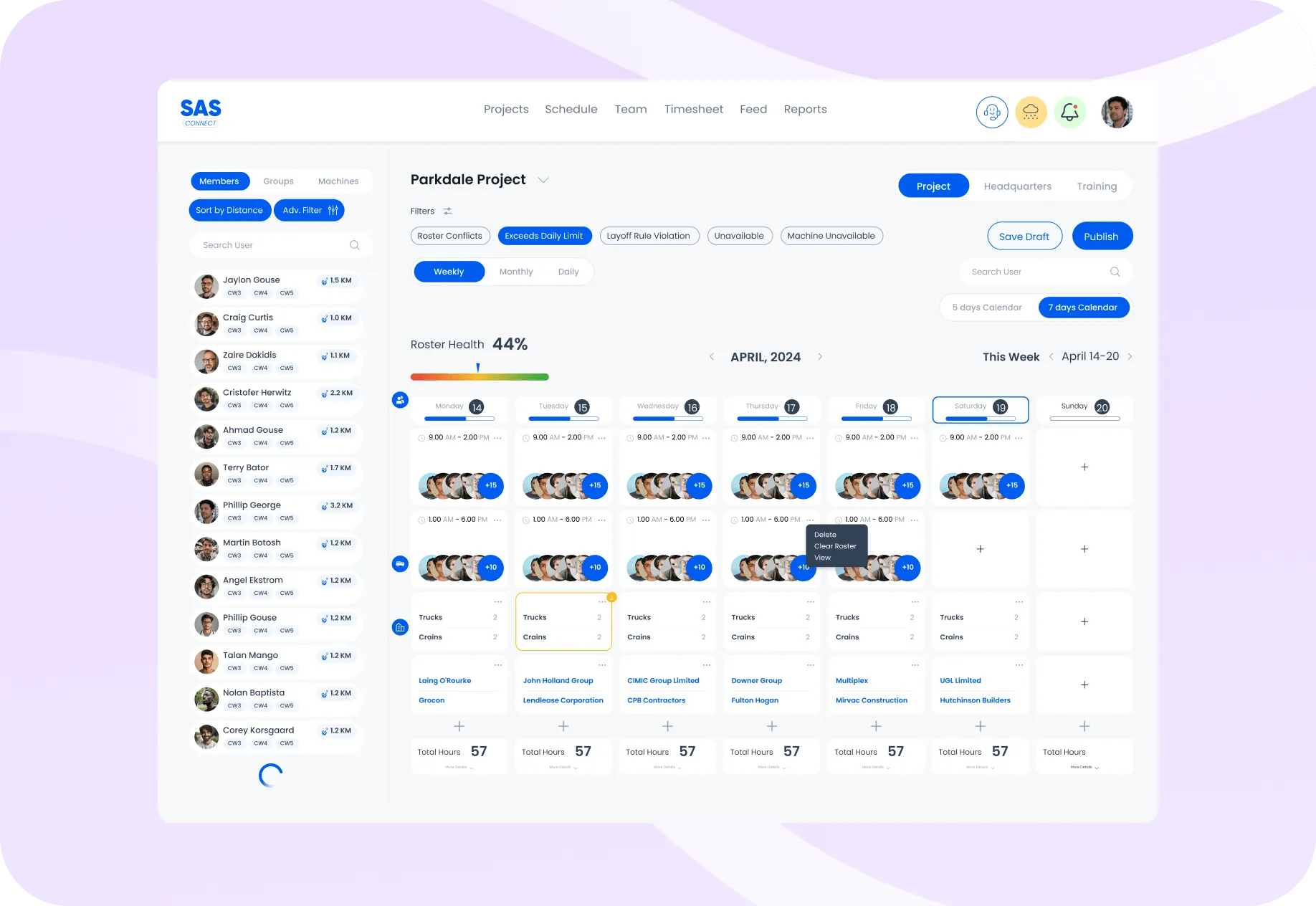 SAS Connect workforce scheduling and crew management tool for assigning workers, managing shifts, and tracking construction site teams