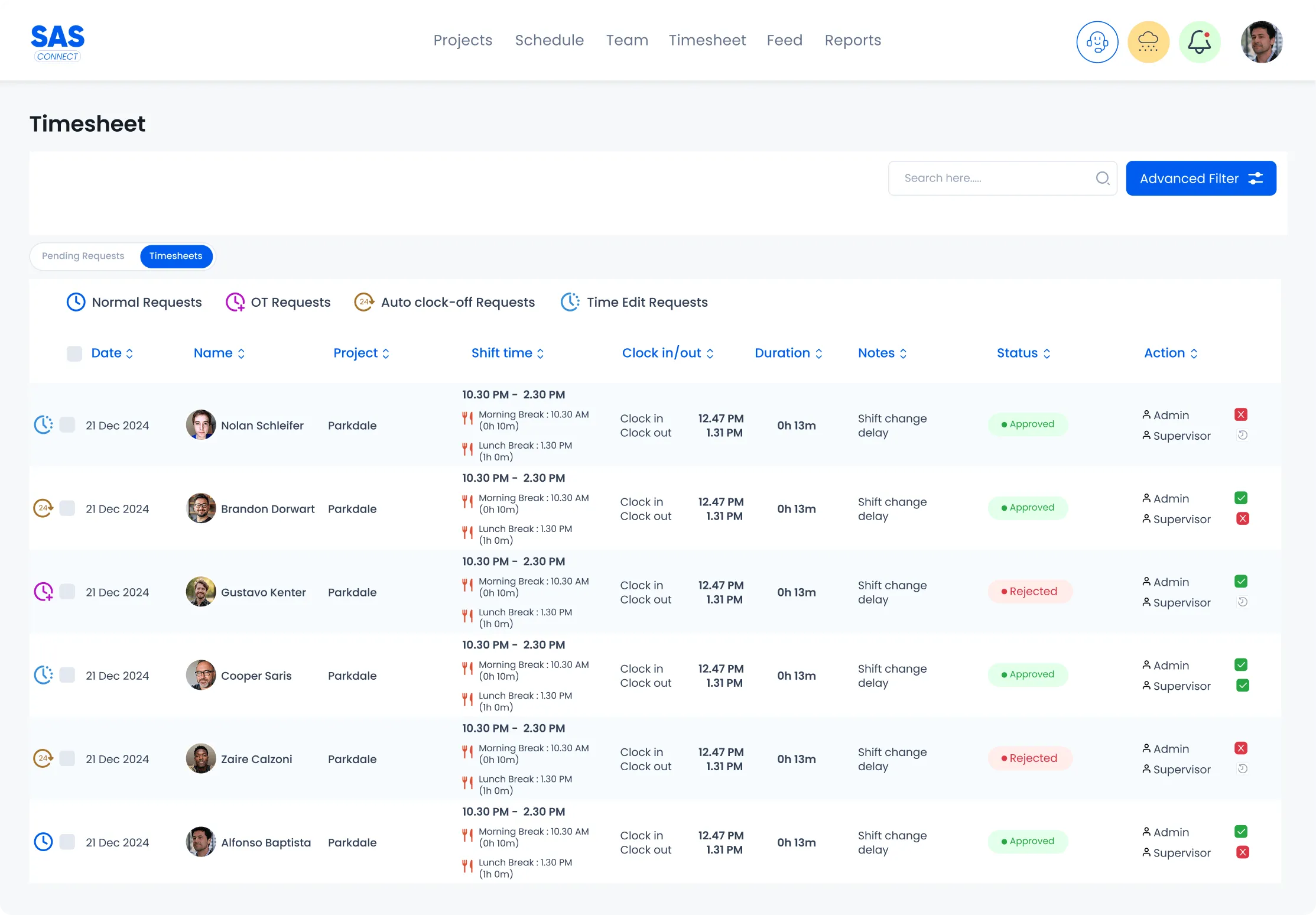 SAS Connect project timesheets update screen for editing employee hours, tracking time entries, and approving daily work logs